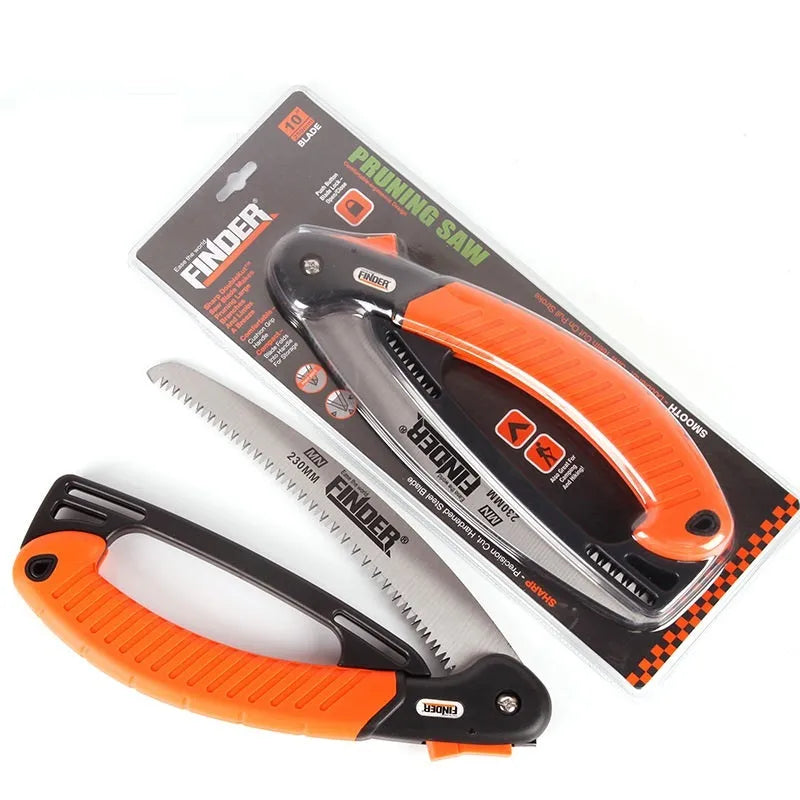 230mm folding garden hand saw with a black TPR grip and silver steel blade shown open and closed.