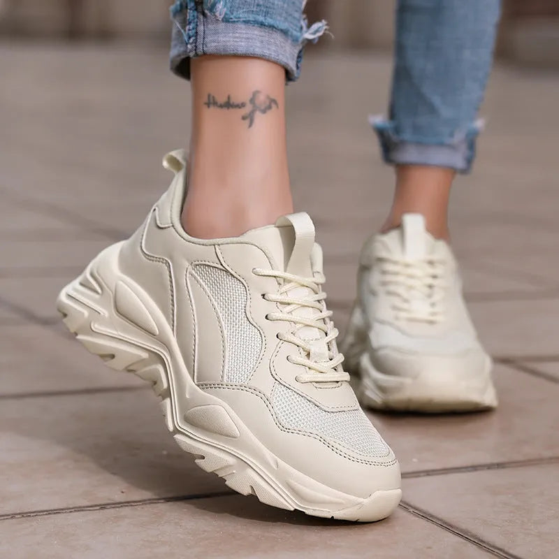 Men and women mesh breathable casual sports shoes with lace-up front in white, beige, black colours