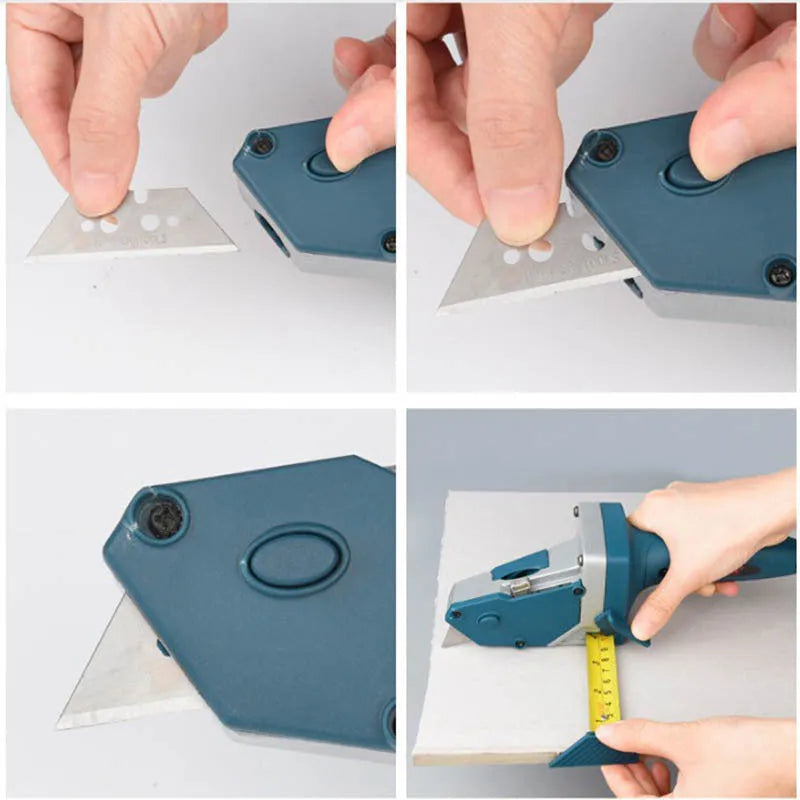 Blue manual multifunctional cutter for dust-free cutting of gypsum board and foam board.