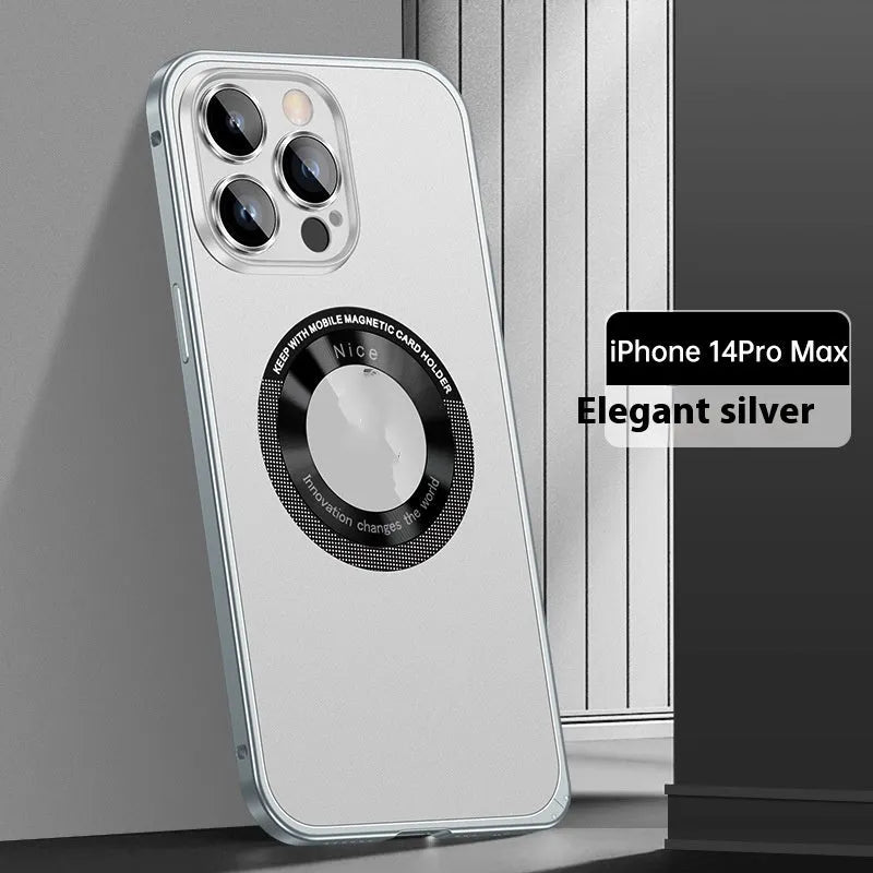 Metal phone case with spring fastener and frosted finish in black for iPhone 14