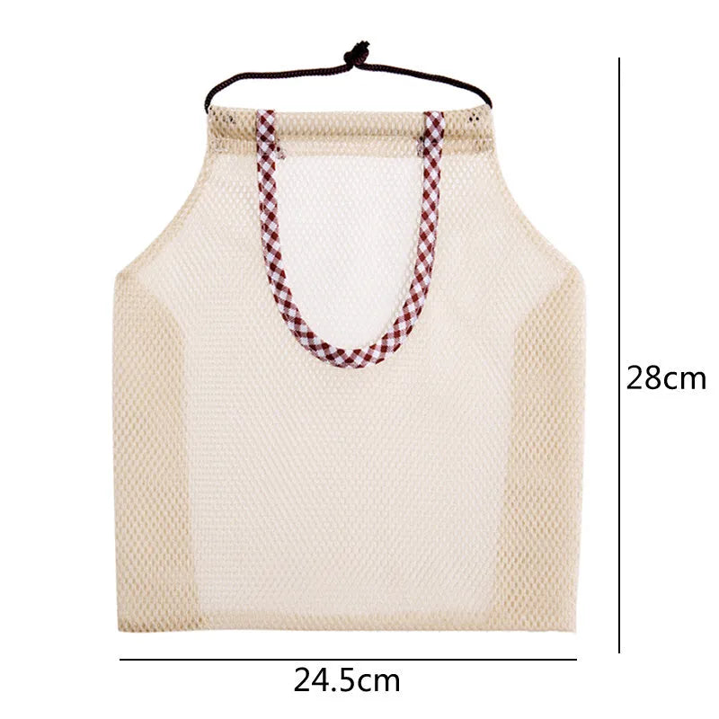 Beige plaid polyester mesh kitchen storage bag with cotton rope loops on a wall hook, 26x29cm