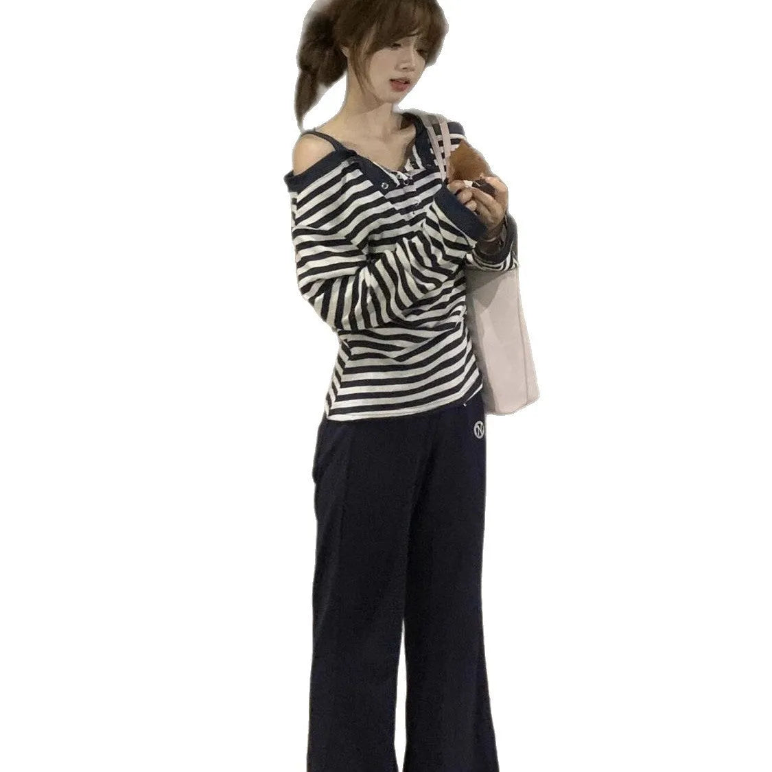 Dark blue Korean-style oversized women's long-sleeved T-shirt with embroidery and stripes