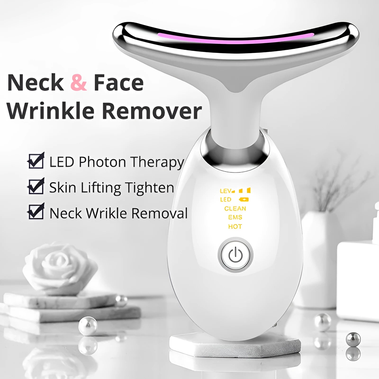 White handheld EMS thermal neck massager with LED lights on a black background.