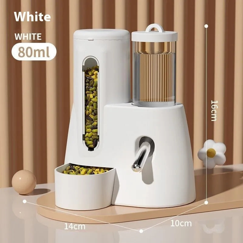White, blue, and pink hamster automatic water feeder and food bowl in large and small sizes.