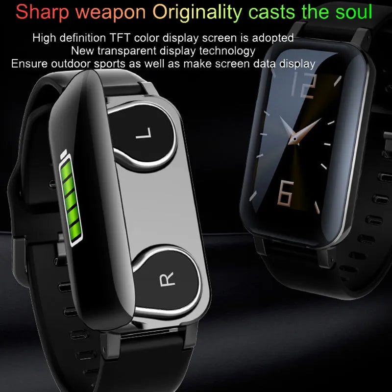 Black, blue, and coffee coloured smart bracelet with call and heart rate monitor functions.
