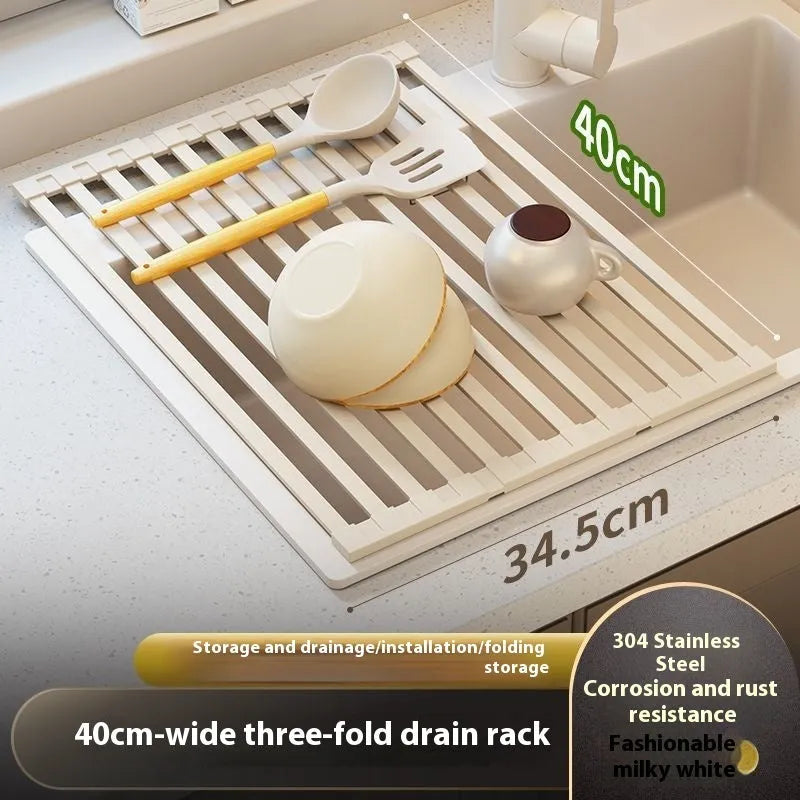 Foldable milky white stainless steel kitchen draining rack showing tri-fold design