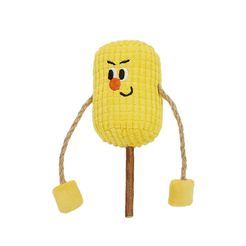 Corn cob shaped cat chew toy made from polytree wood for dental cleaning.