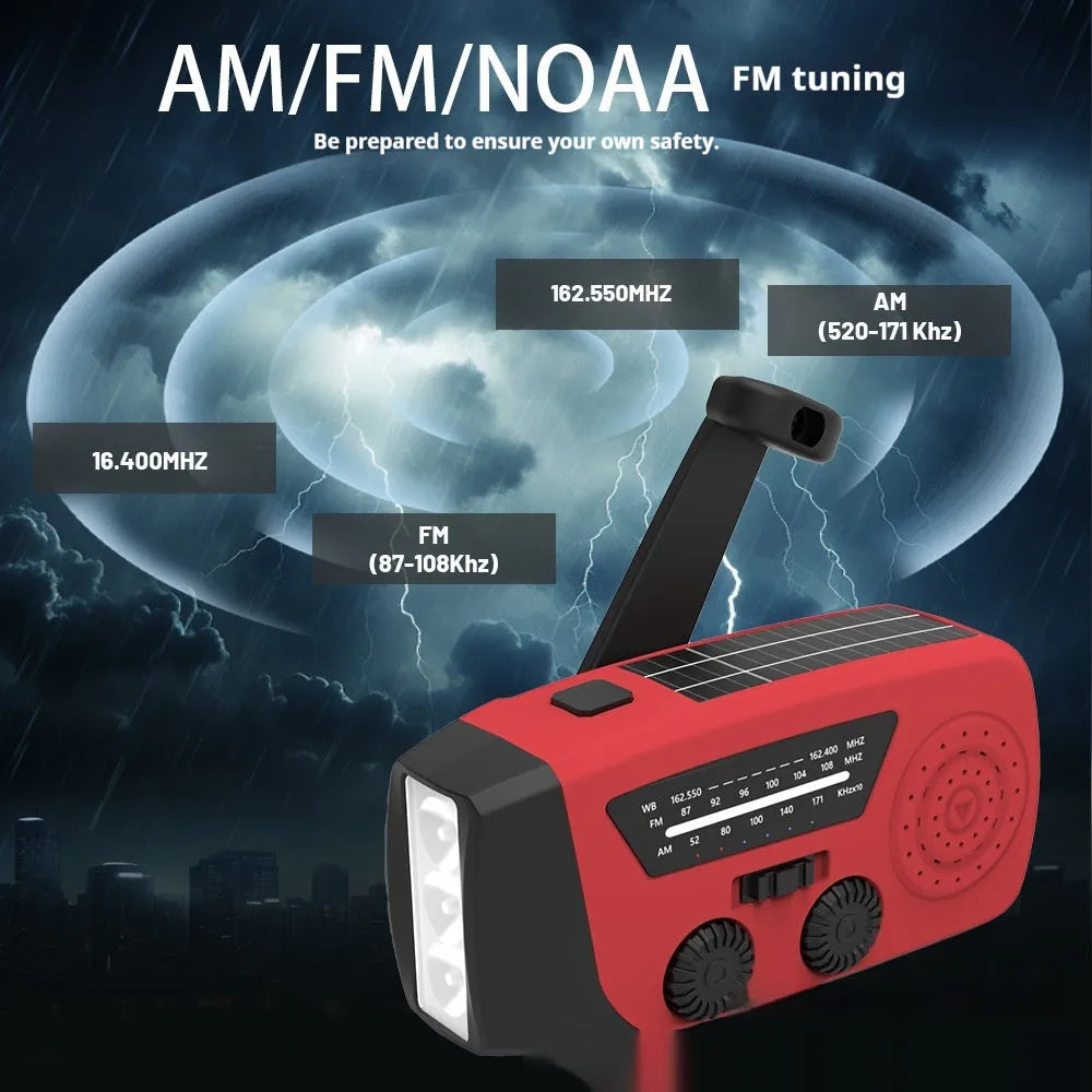 Red emergency hand radio with rechargeable torch showing dimensions and wrist strap