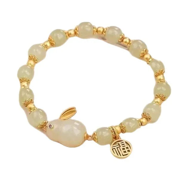 Green lucky jade bracelet with fu character charm and adjustable beaded design