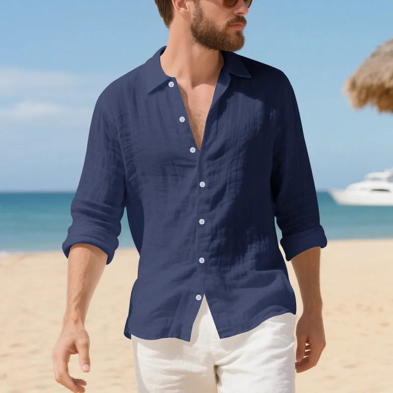 Man wearing a loose-fitting linen casual shirt in a light colour, showing the non-iron texture and American style.