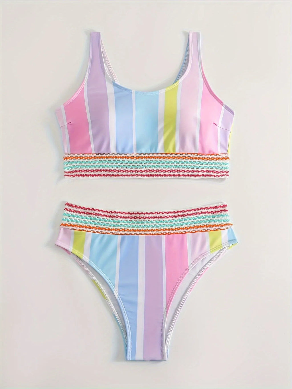 Women's striped bikini swimwear set with top and briefs for swimming sports.