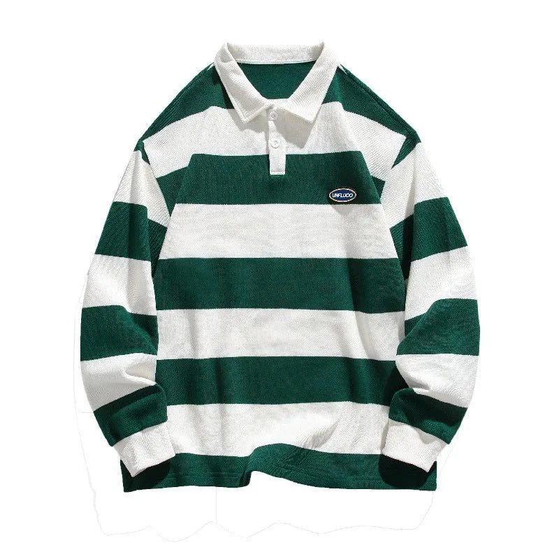 Striped pearl cotton polo shirt with lapel collar in loose fit for autumn wear