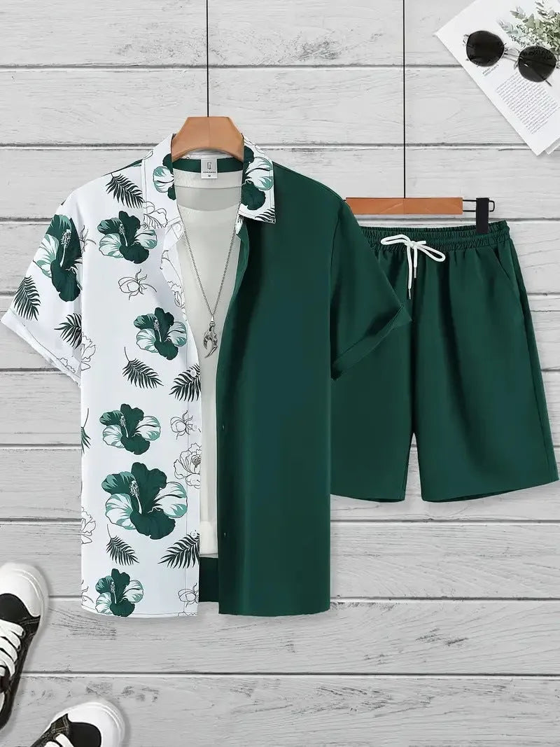 Men's 3D printed Hawaiian style short sleeve top and matching shorts summer suit