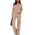 Women's long-sleeve polyester sports suit set in army green, showing top and trousers laid flat.