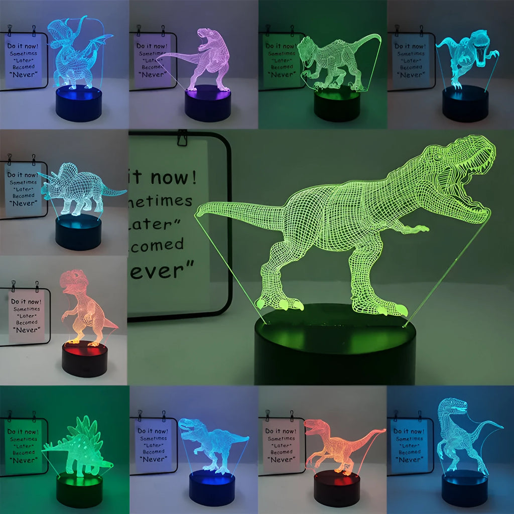 Colourful cartoon dinosaur LED desk lamp with remote control and acrylic lampshade on a black base