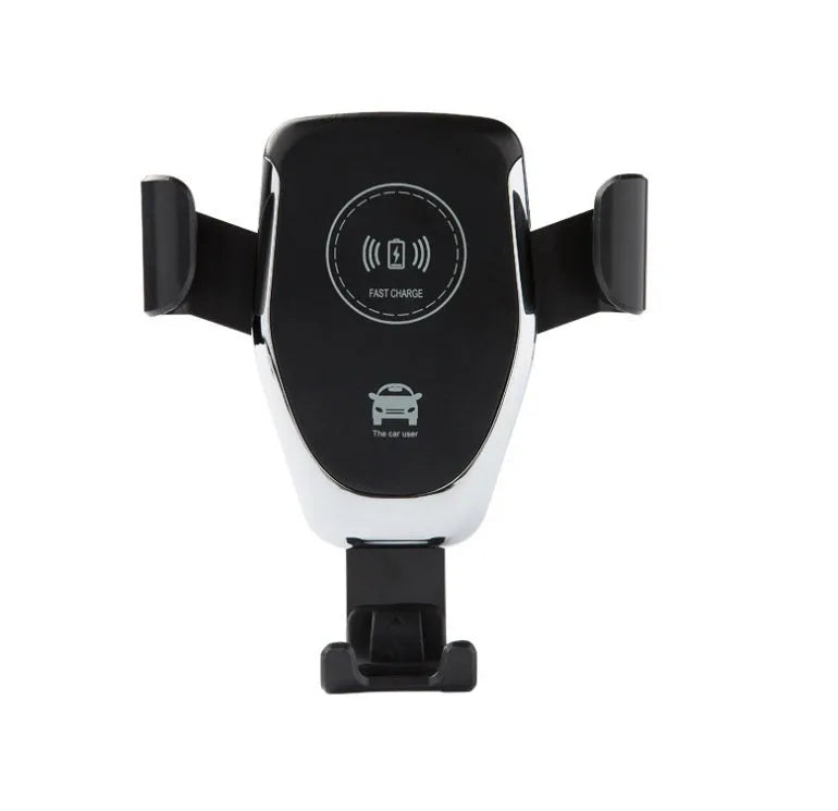 Black car wireless charger mounted on dashboard charging Apple iPhone with automatic clamp arms