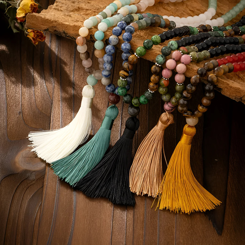 Vintage tassel bohemian style natural stone beaded long sweater chain with geometric round beads and matching bracelet