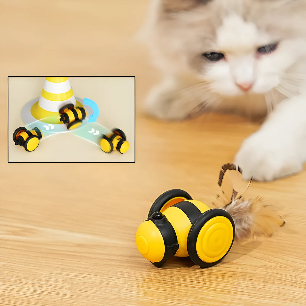 Electric bee-themed cat toy with feather attachments in pink or yellow colour options