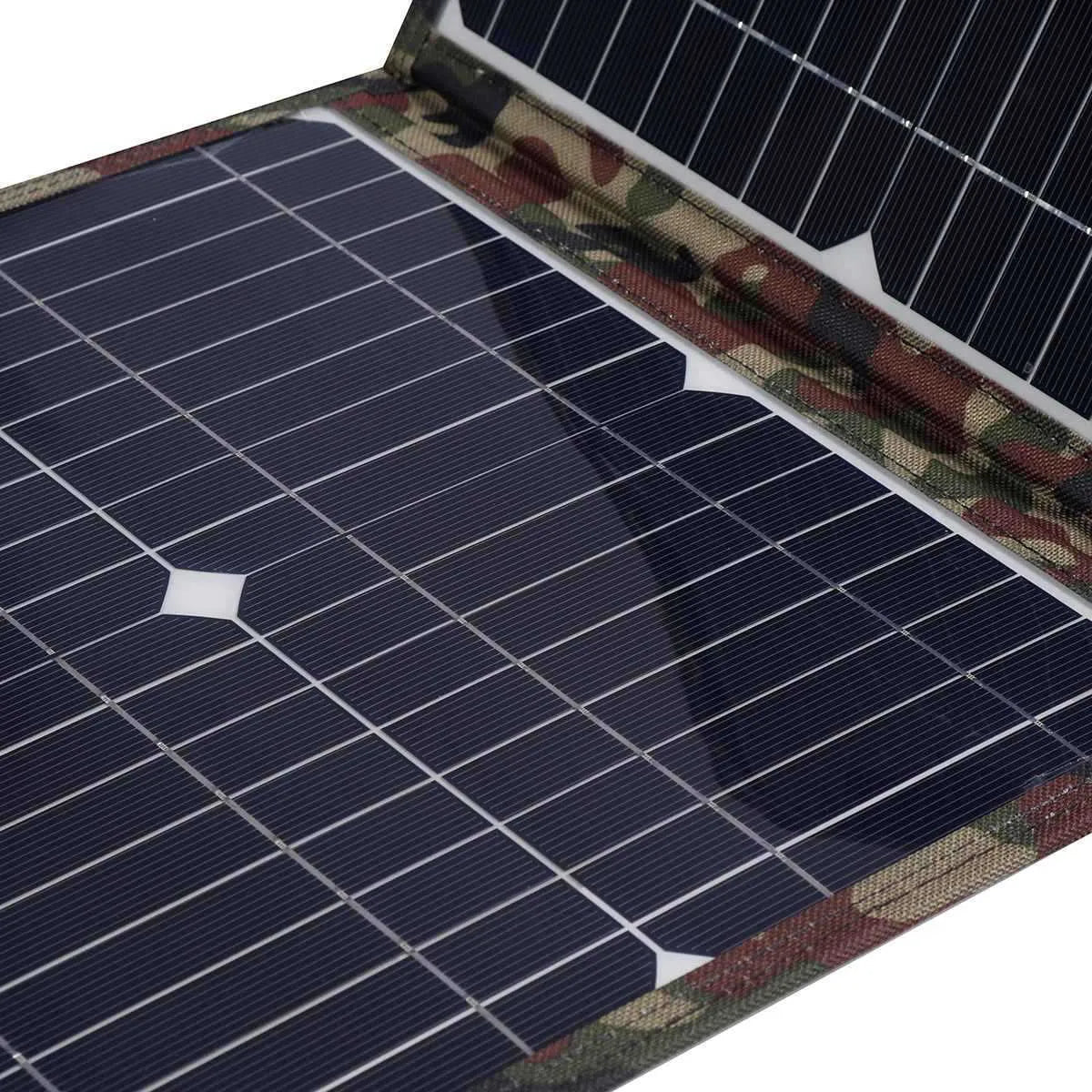 Black foldable portable 36W solar panel with monocrystalline cells and included car charger accessories.