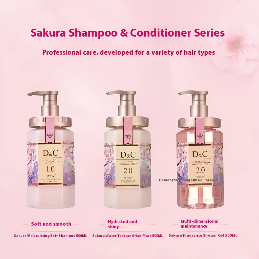Sakura Cherry Blossom Shampoo, Hair Mask and Shower Gel set, three 500ml bottles.