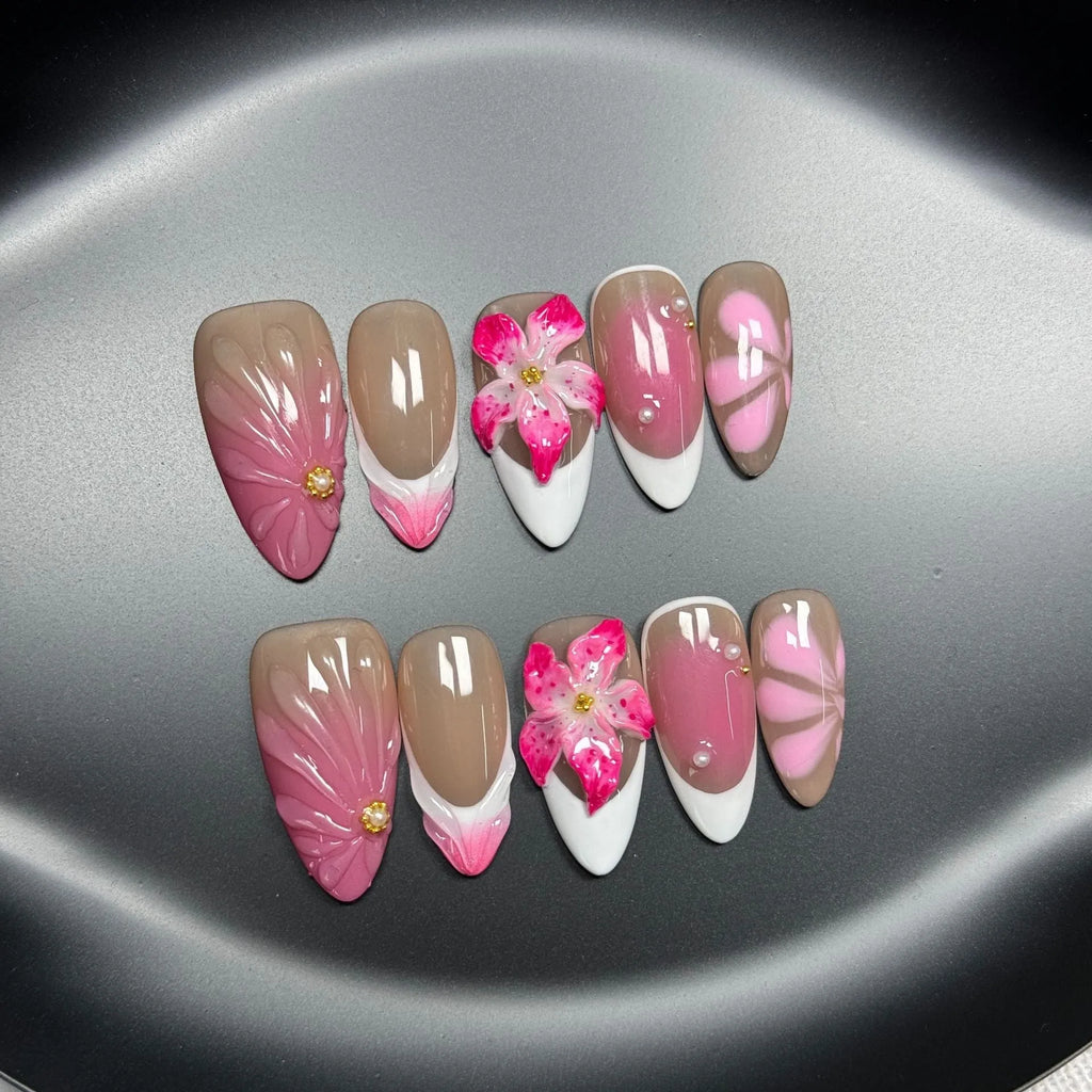 French style false nails with three-dimensional lily ice flower pattern in almond shape
