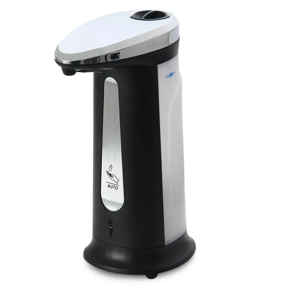 Black automatic liquid soap dispenser with sensor and non-drip spout for touchless operation