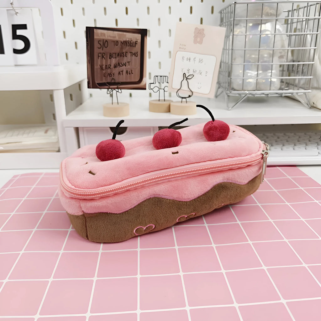 Cherry Cake coloured velvet plush pencil bag, Korean style design.