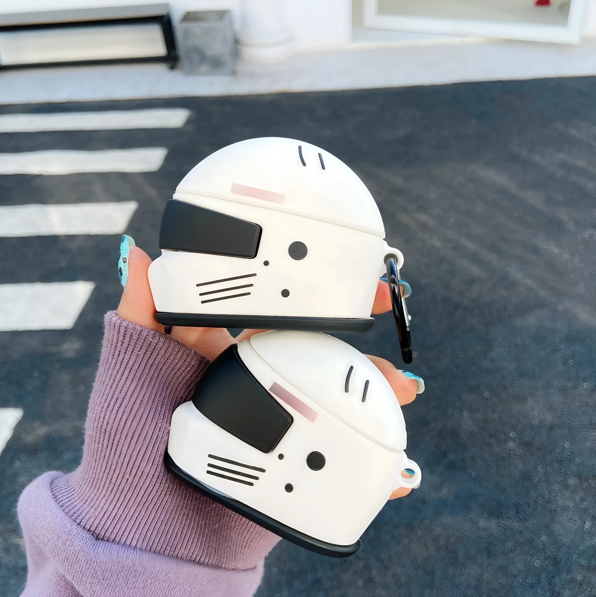 Cartoon motorcycle helmet silicone Airpods case with carabiner clip