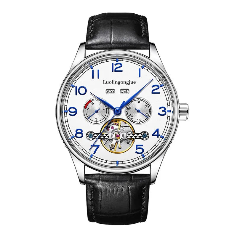 Men's stainless steel business watch with skeleton mechanical movement and black leather strap