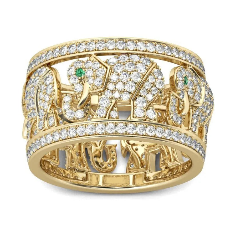 Close-up of a women's alloy elephant ring with full diamond design on the elephant motif.