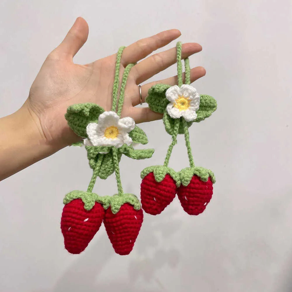 Handmade strawberry-shaped car decoration pendant woven from cotton and hemp knitting wool