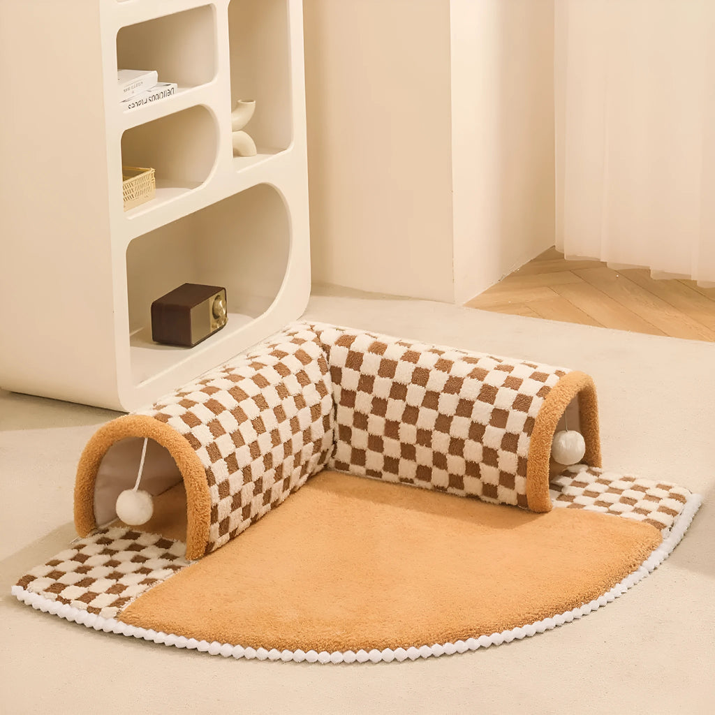 Fan-shaped plaid pet bed tunnel for dogs and cats showing sleeping mat and fabric tunnel