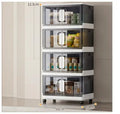 Foldable white household storage locker with wheels and multiple shelves for shoes and toys.