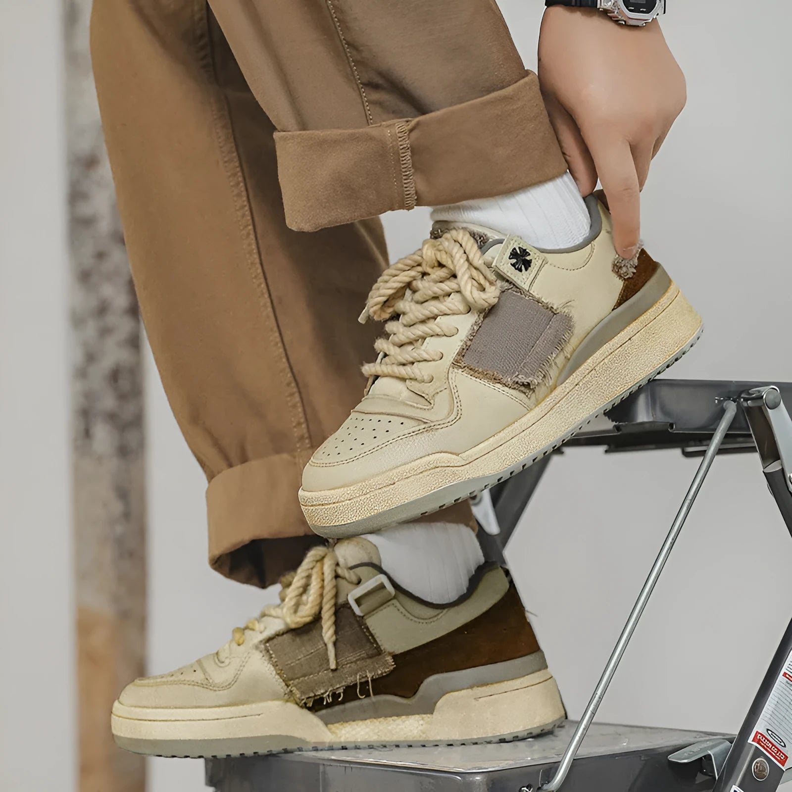 Beige low-top skateboard shoes with round toe and front lace-up closure on a flat rubber sole.