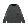 Man wearing a gray khaki loose fit cotton sweatshirt with a letter pattern and drop shoulder sleeves.