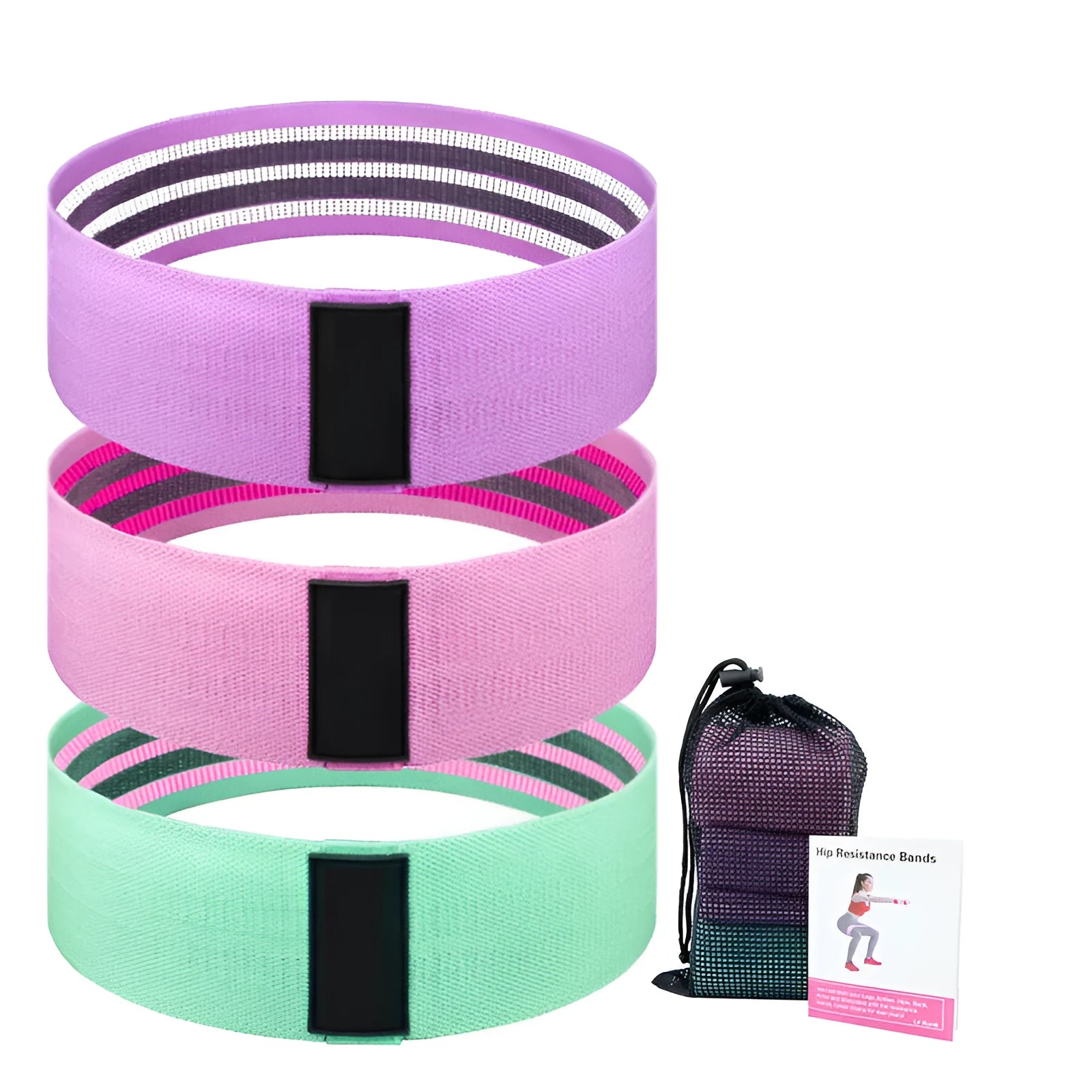 Set of three fabric resistance bands in lake blue, pink, and purple with a mesh storage bag.
