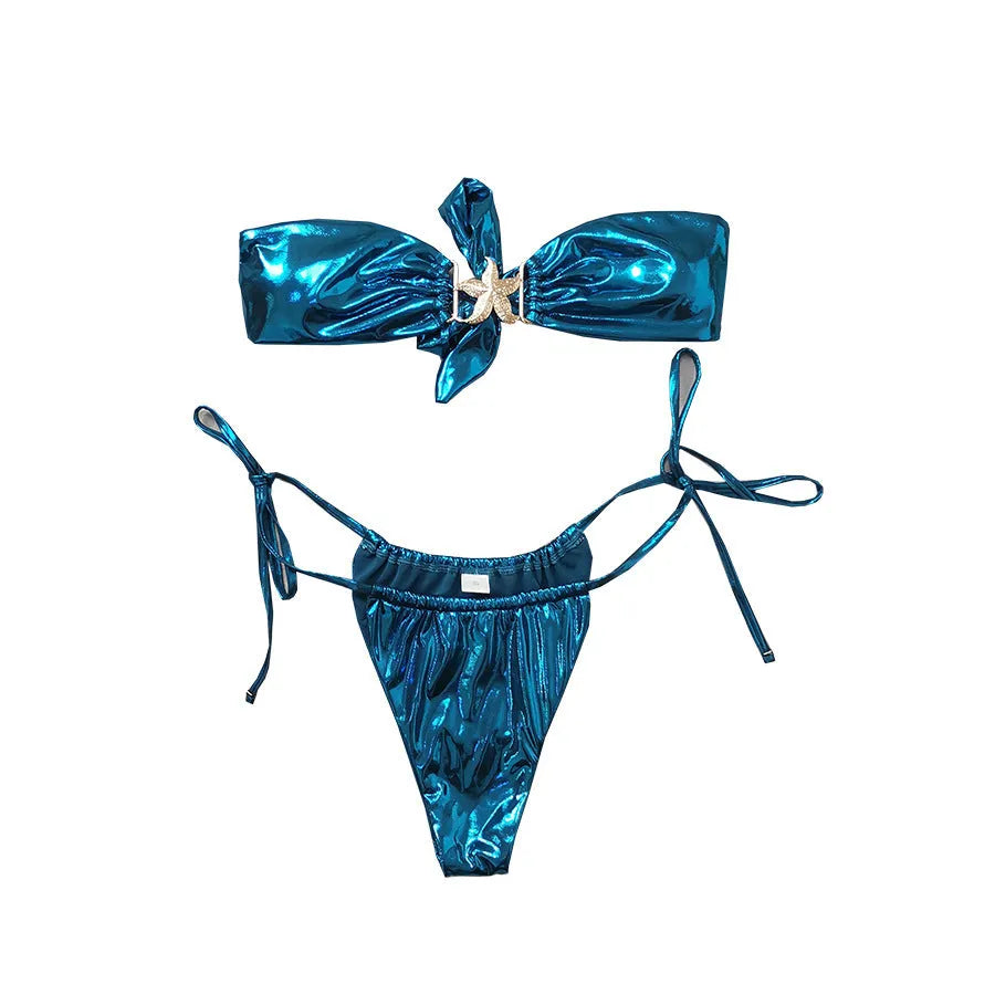 Women's glossy sapphire blue tube top split bikini with long sleeves and briefs bottom.