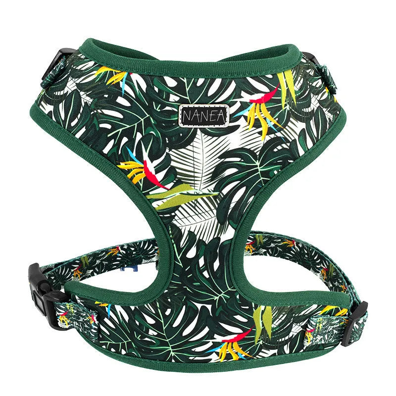 Six-piece adjustable cloth dog harness set with leash, collar, poop bag, bow tie, and bib on a white background.