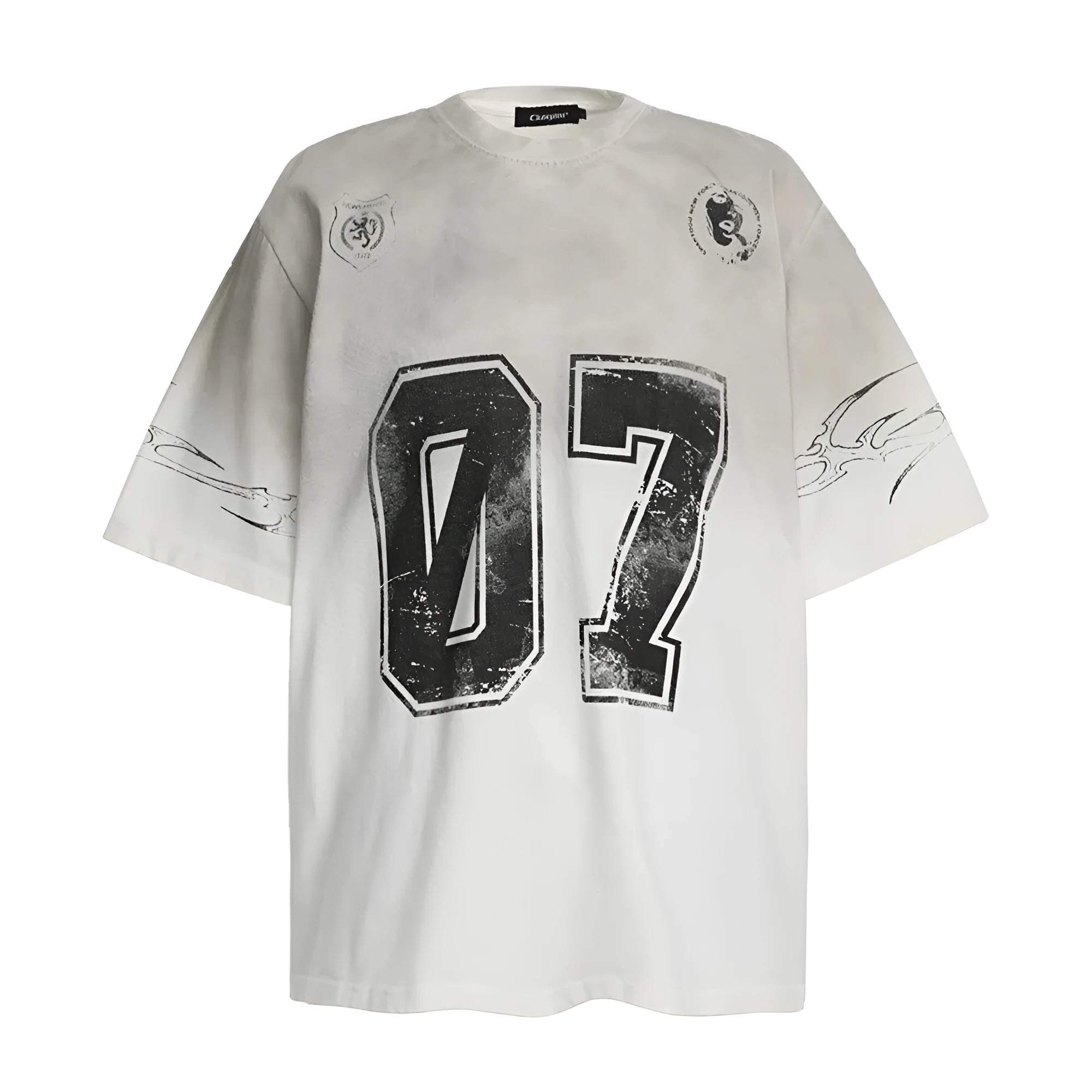Man wearing a black printed short-sleeved cotton t-shirt showing the front design.