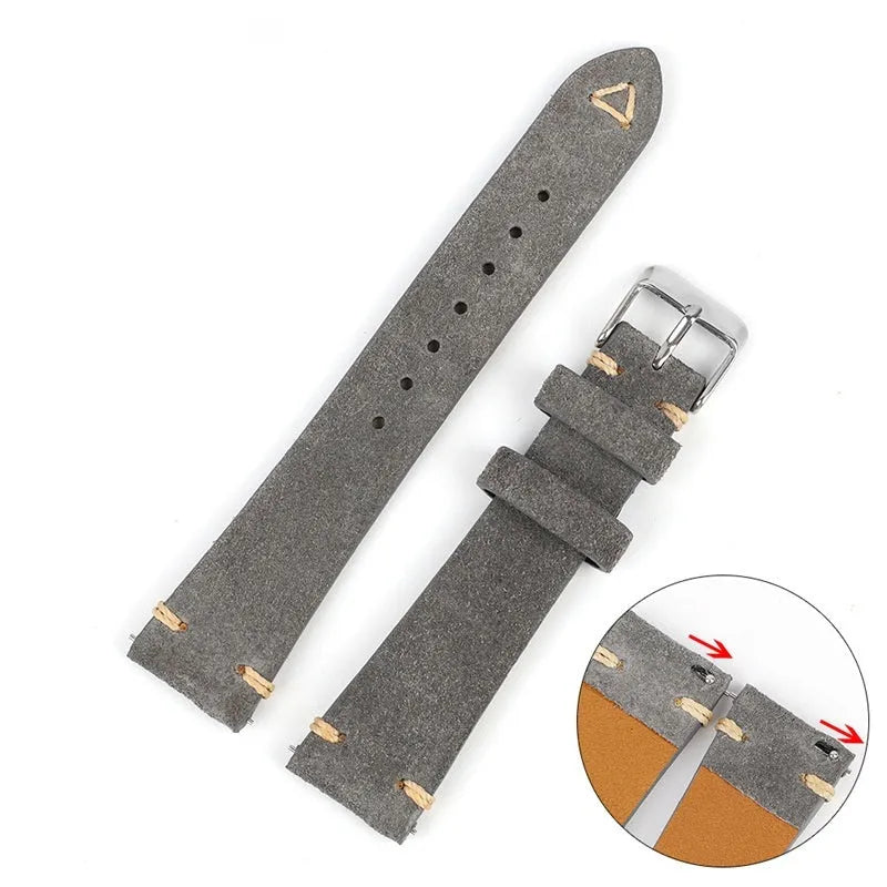 Genuine suede leather watch strap in brown blue gray army green colours small waist design