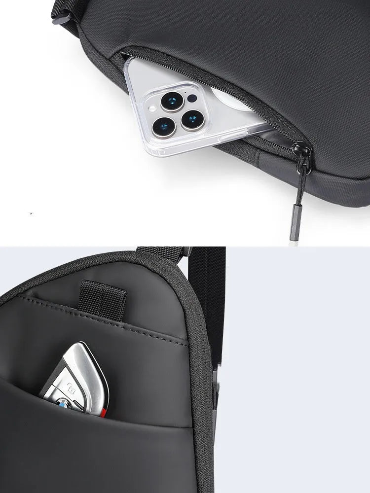Men's black Oxford cloth crossbody bag with sewing thread detailing and single shoulder strap