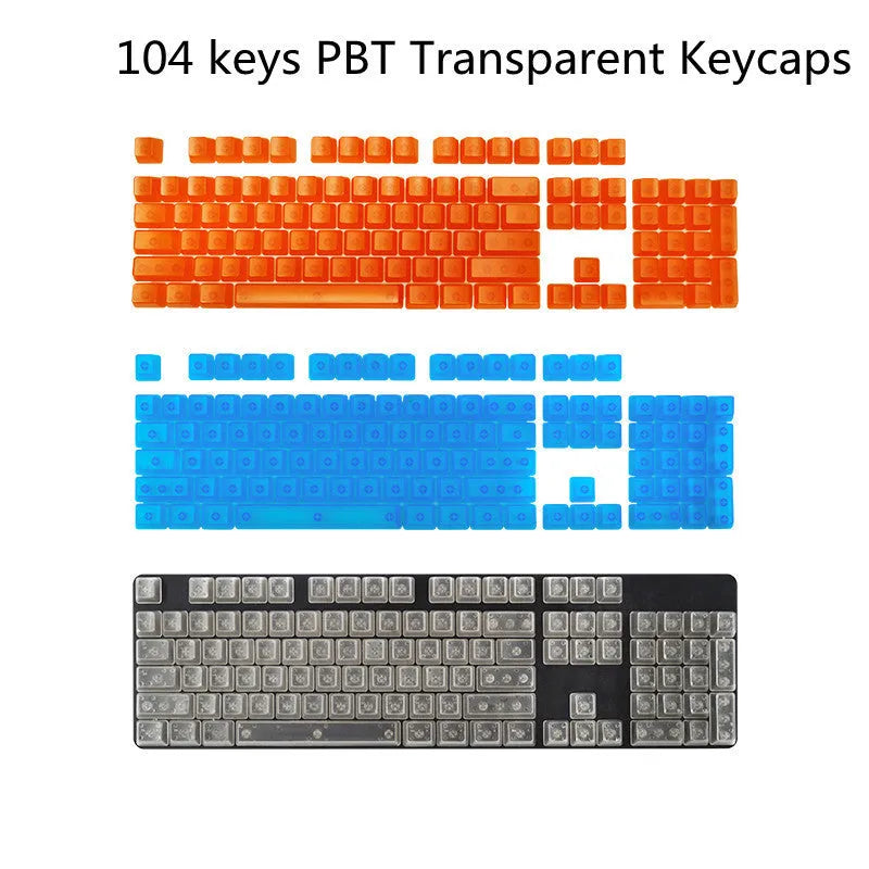 Transparent PBT keycaps set showing orange, white, blue, and black colours on mechanical keyboard