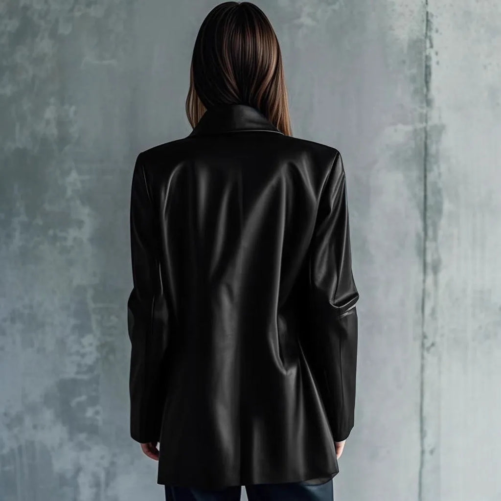 Black polyester women's leather jacket with long sleeves on a hanger.
