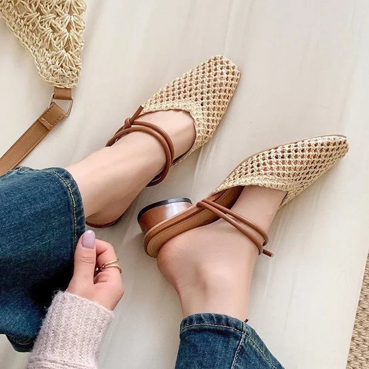 Women's black square toe slippers with hollow-out design and a thick chunky heel