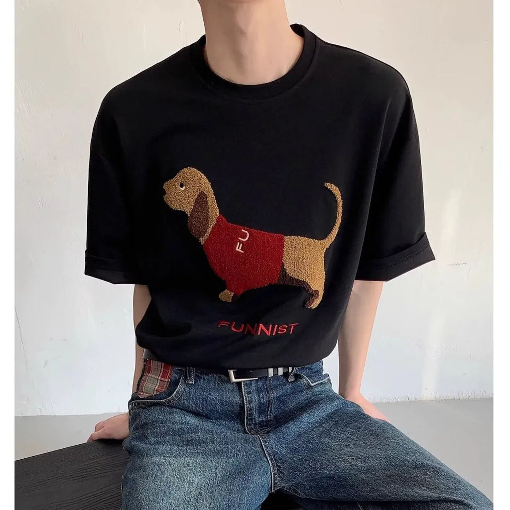 Men's grey cotton T-shirt with an embroidered sausage dog design on the front.