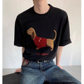 Men's grey cotton T-shirt with an embroidered sausage dog design on the front.