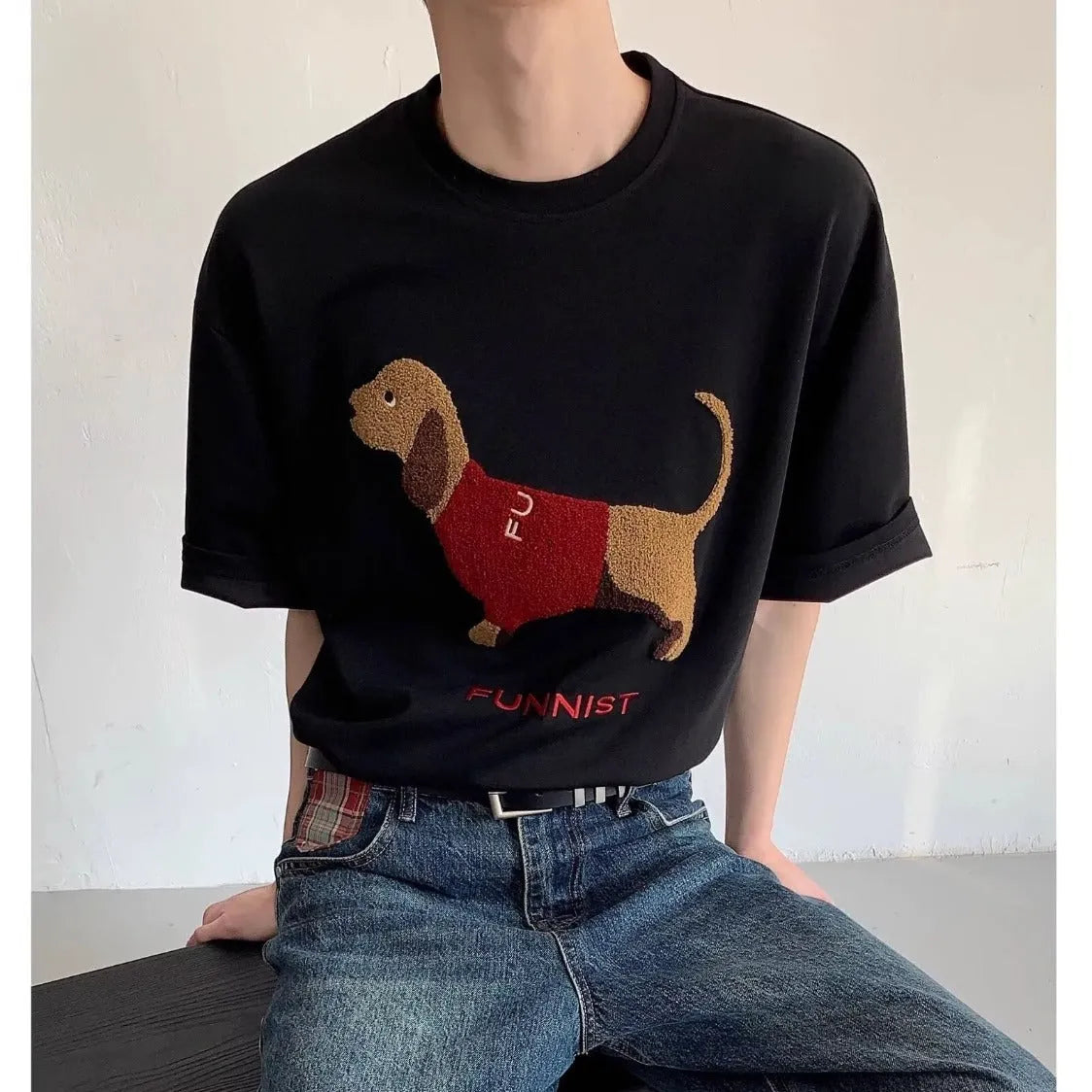 Men's grey cotton T-shirt with an embroidered sausage dog design on the front.