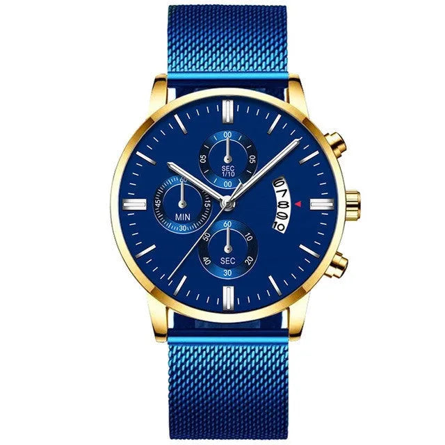 Men's stainless steel mesh band quartz watch showing analogue dial and choice of colour finishes.