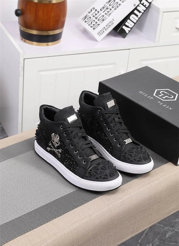 Men's genuine leather skeleton shoes in black high top design with lace-up closure