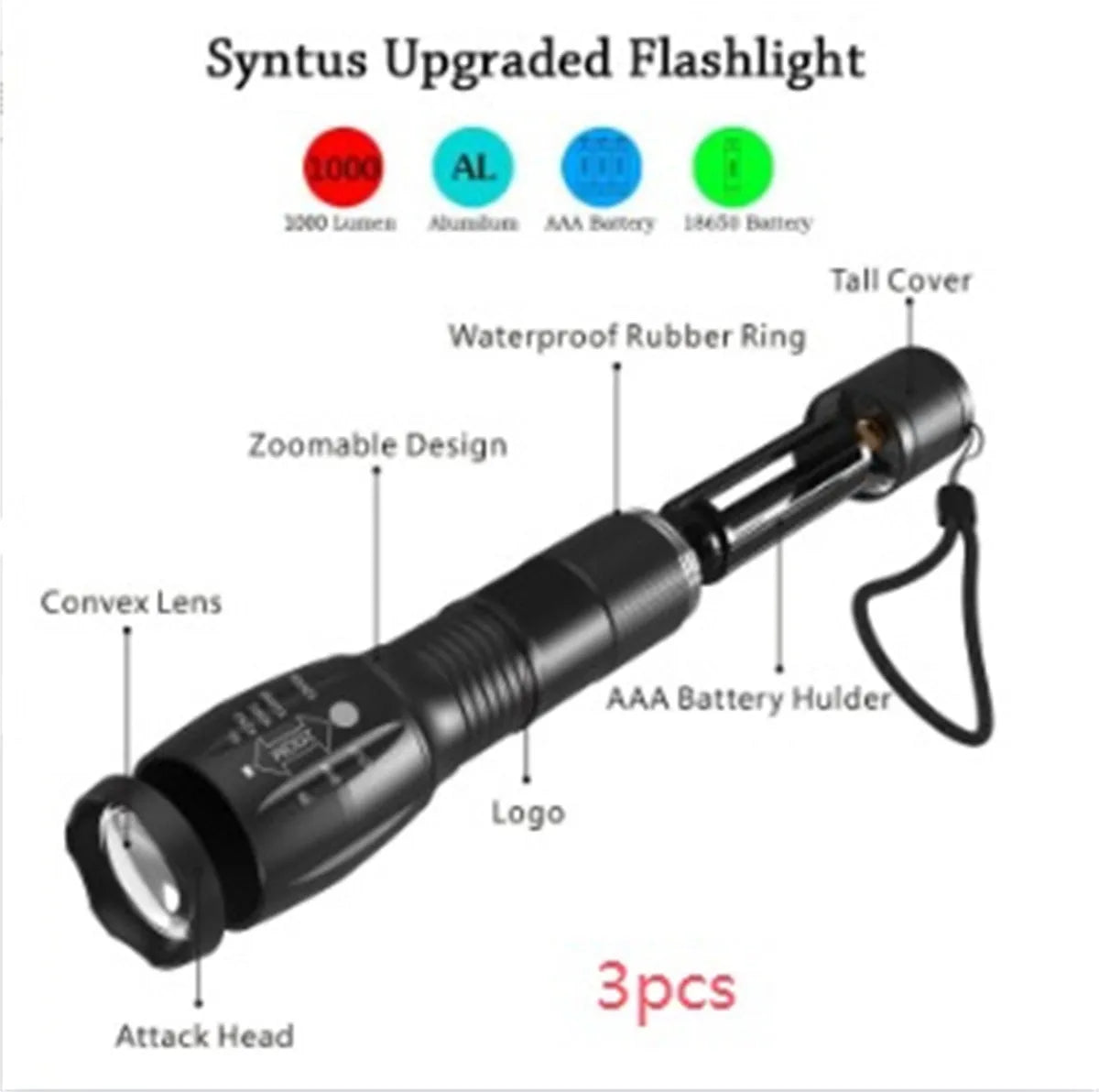 Black aluminum alloy zoom flashlight with adjustable head for focus, shown with beam reaching into distance.
